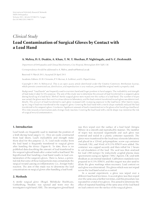 Lead Contamination of Surgical Gloves by Contact with a Lead Hand - Bolton Surgical