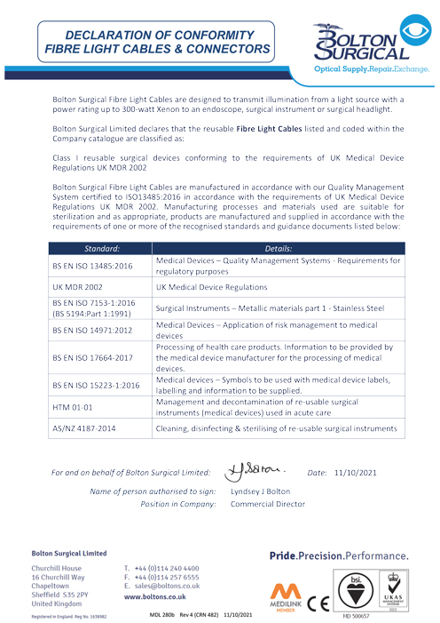 Declaration of Conformity – Fibre Light Cables - Bolton Surgical