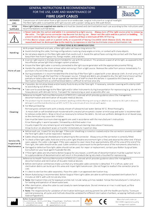 Fibre Light Cables Instructions for Use - Bolton Surgical