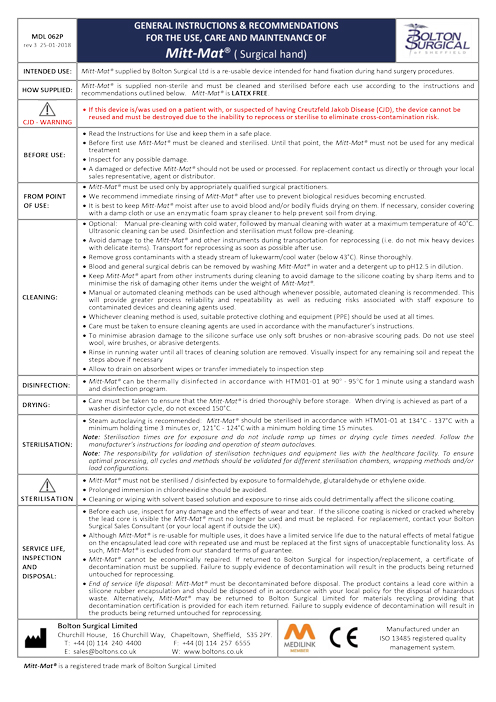 Mitt Mat Instructions for Use - Bolton Surgical