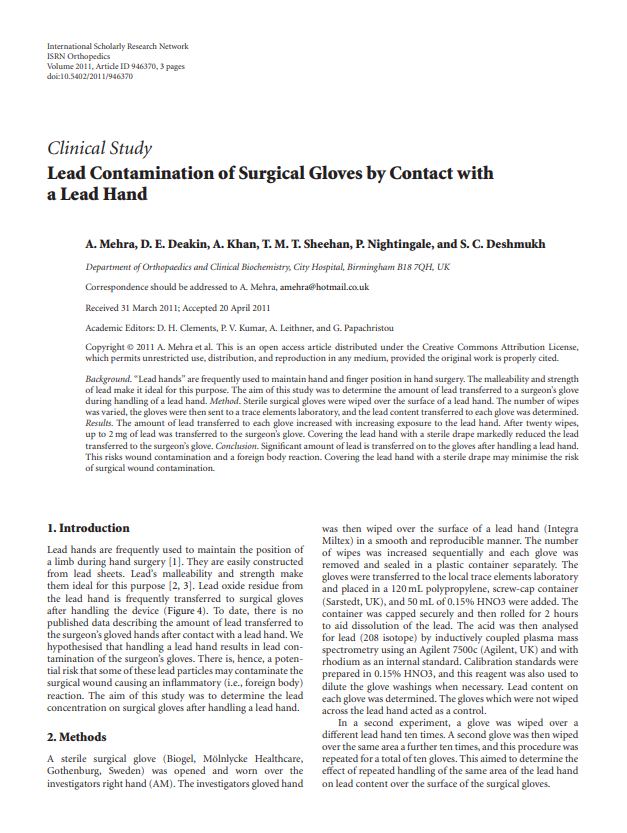 Lead Contamination of Surgical Gloves by Contact with a Lead Hand - Bolton Surgical