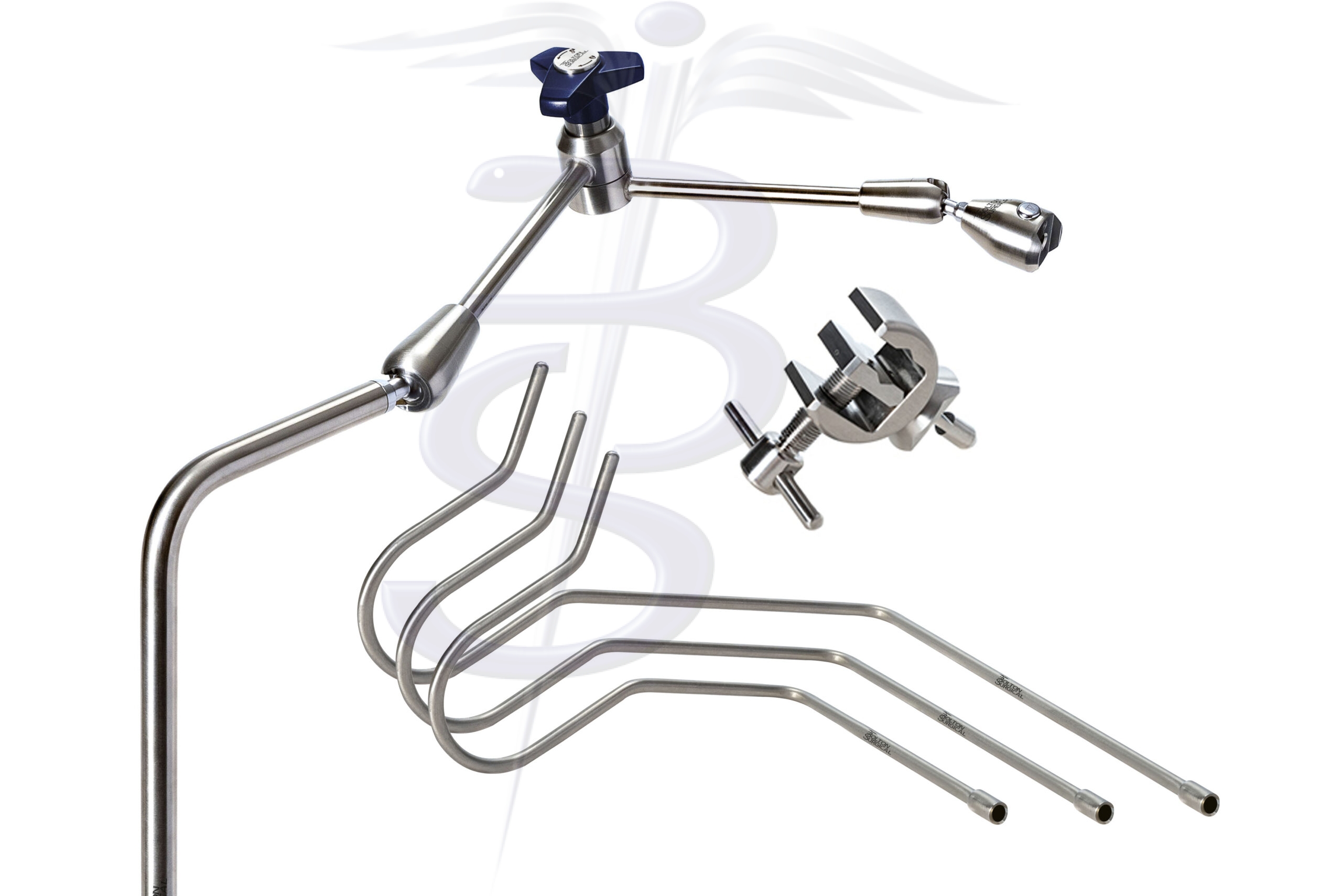 Nathanson Retractor Kit with Extended Articulated Arm – Extended Reach Right Angle Adjustable Post overall height 503mm with an overall length (reach) of 593mm – Quick Fix Clamp Attachment and Set of 3 Nathanson Retractor Arms 6.5mmØ - Bolton Surgical