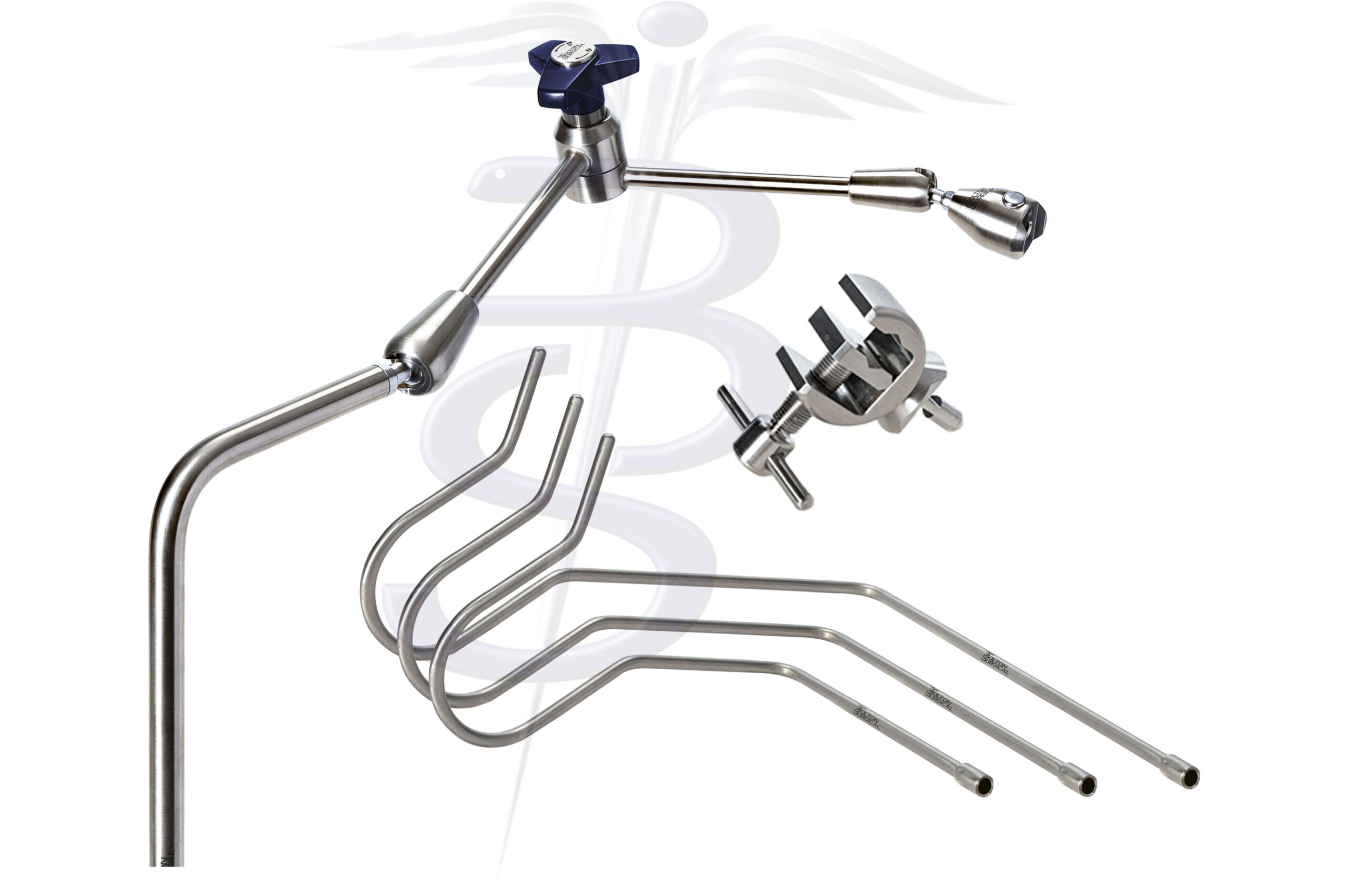 Nathanson Retractor Kit with Extended Articulated Arm – Extended Reach Right Angle Adjustable Post overall height 503mm with an overall length (reach) of 593mm – Quick Fix Clamp Attachment and Set of 4 Nathanson Retractor Arms 5mmØ - Bolton Surgical