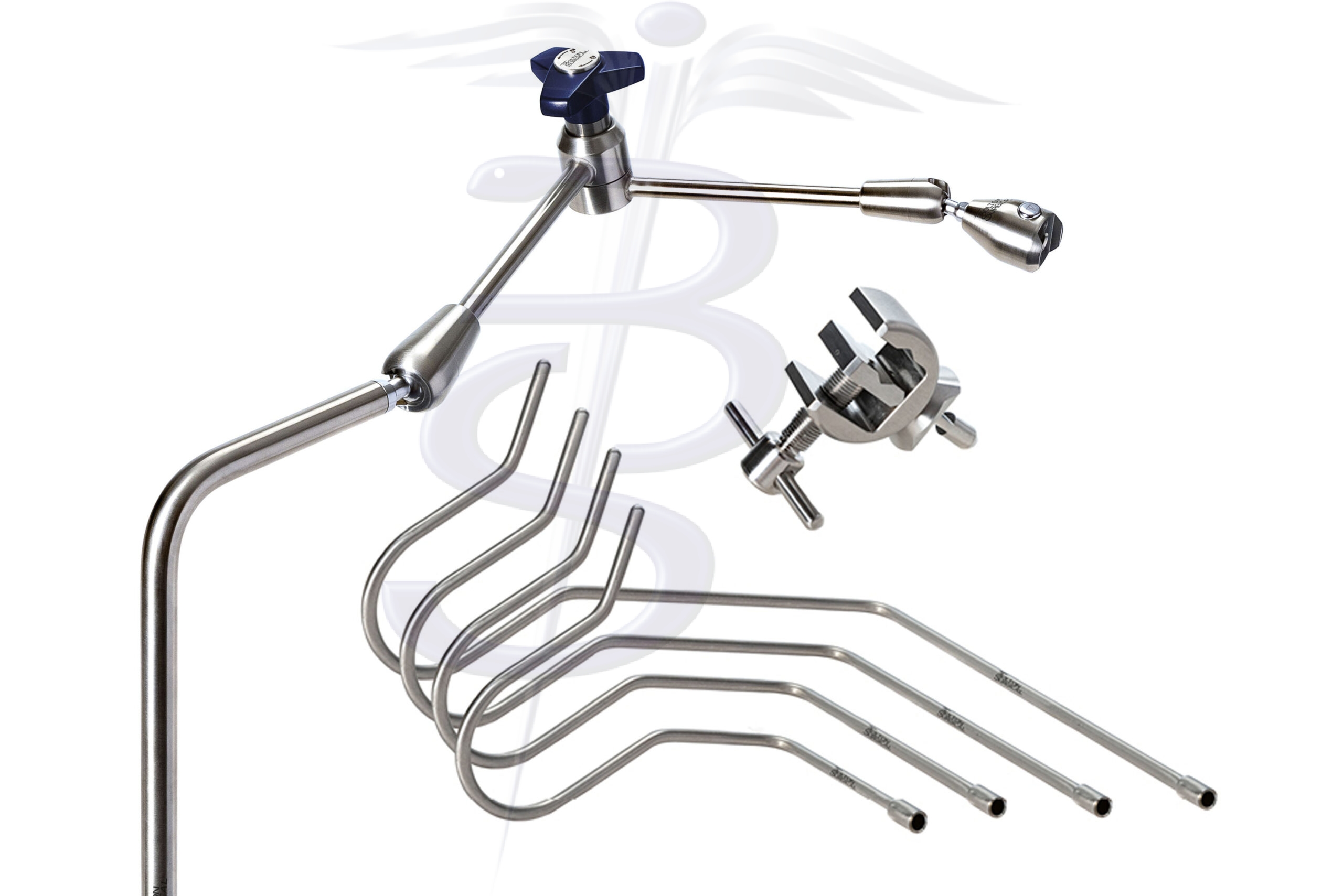 Nathanson Retractor Kit with Extended Articulated Arm – Extended Reach Right Angle Adjustable Post overall height 503mm with an overall length (reach) of 593mm – Quick Fix Clamp Attachment and Set of 4 Nathanson Retractor Arms 5mmØ - Bolton Surgical