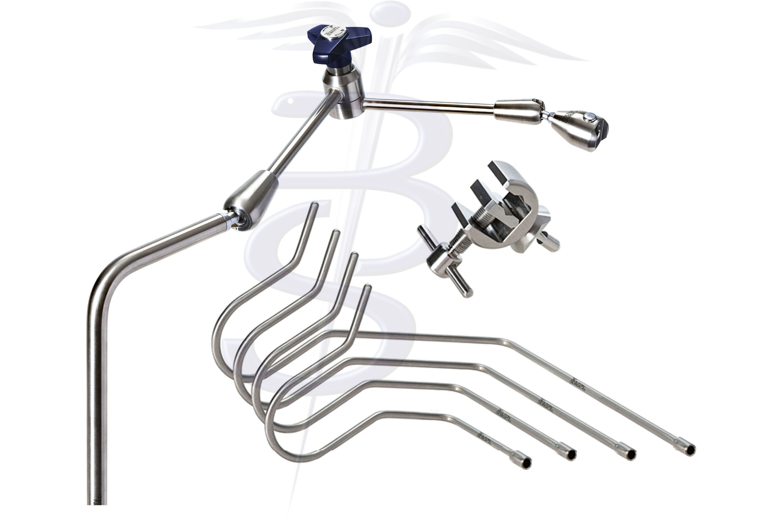 Nathanson Retractor Kit with Extended Articulated Arm – Extended Reach Right Angle Adjustable Post overall height 503mm with an overall length (reach) of 593mm – Quick Fix Clamp Attachment and Set of 3 Nathanson Retractor Arms 6.5mmØ - Bolton Surgical
