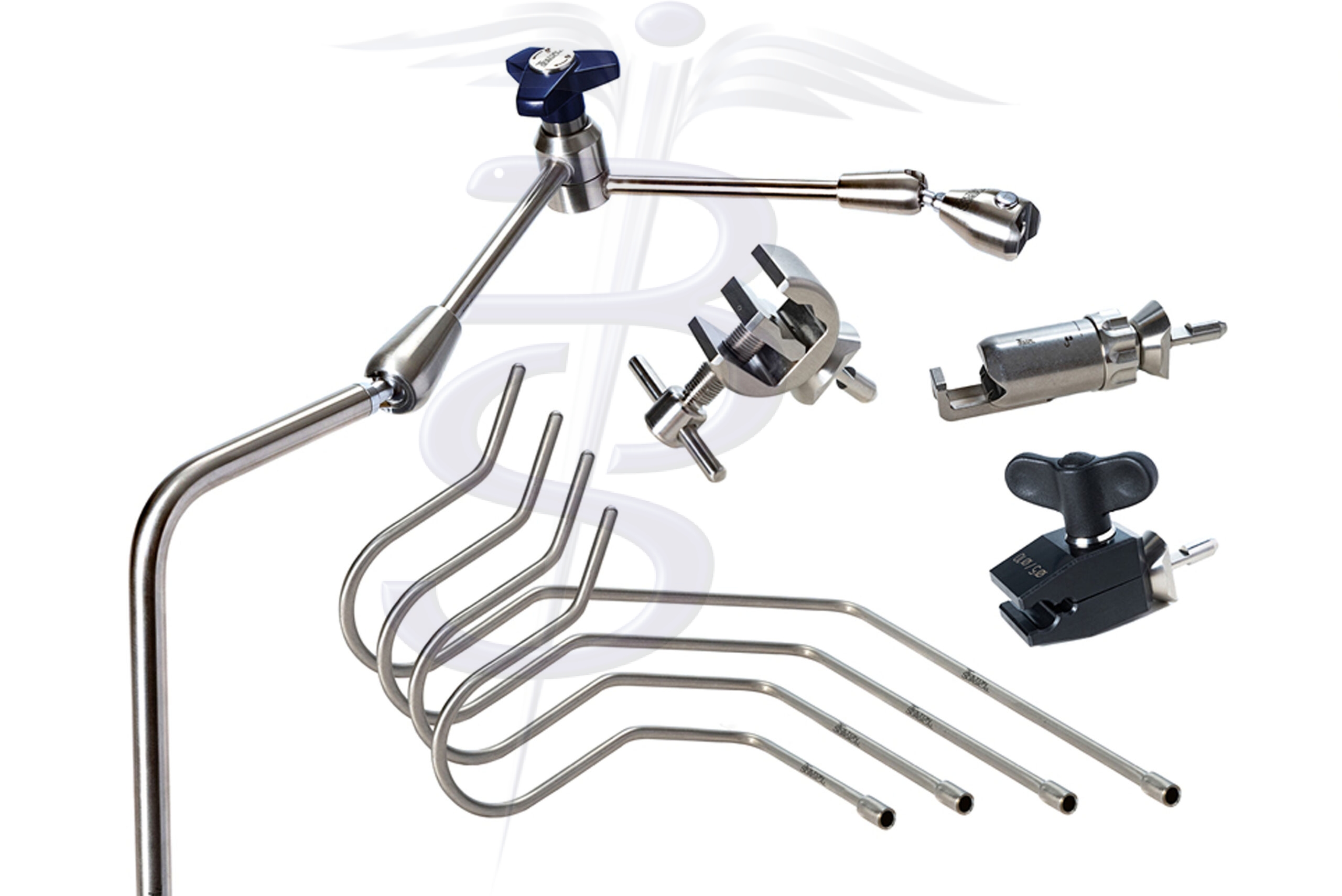 Full Holding and Positioning Kit with Extended Articulated Arm – Extended Reach Right Angle Adjustable Post overall height 503mm with an overall length (reach) of 593mm – 3 Quick Fix Clamp Attachments and Set of 4 Nathanson Retractor Arms 5mmØ - Bolton Surgical