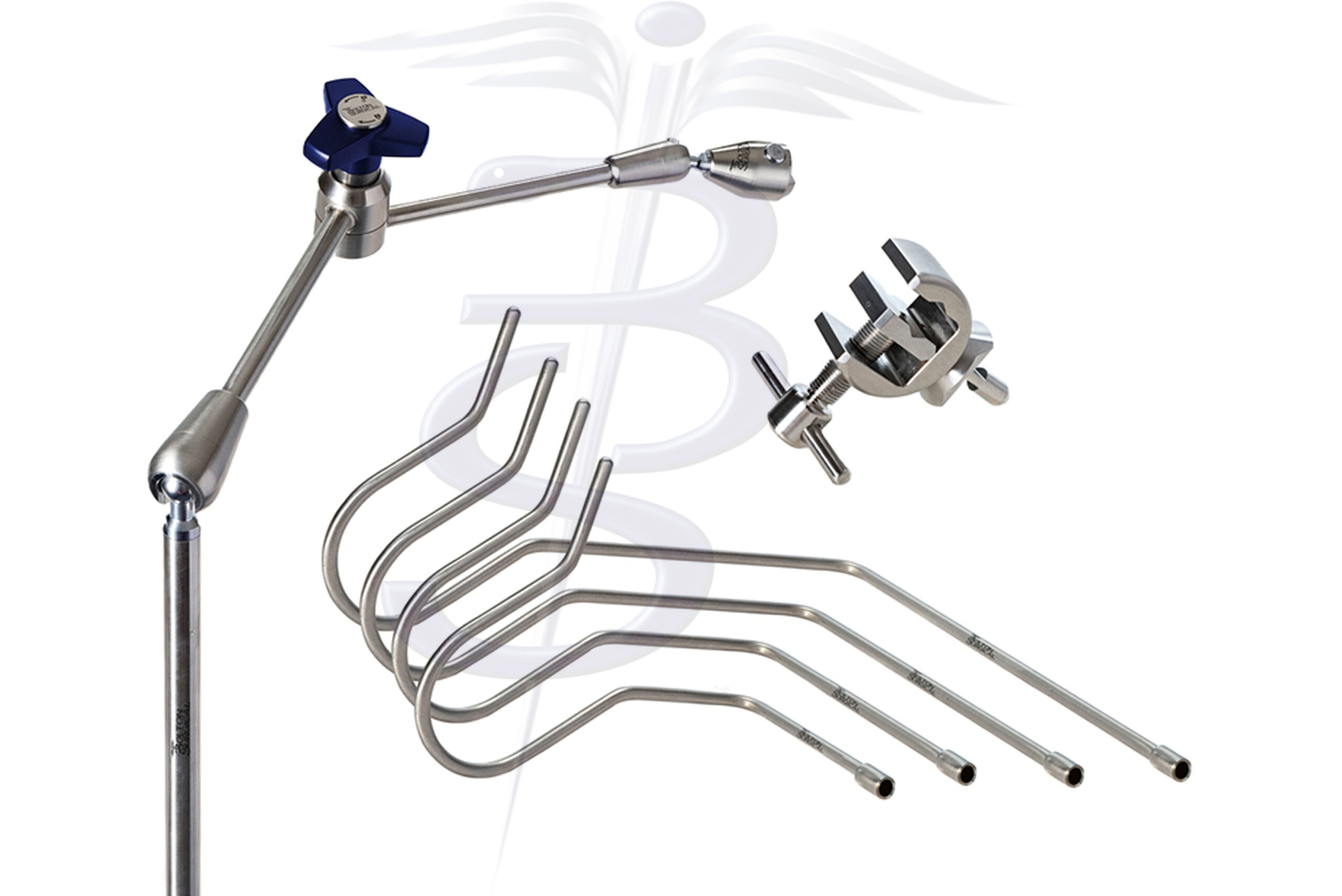 Nathanson Retractor Kit with Extended Articulated Arm – Top Mount Adjustable Post overall height 437mm with 360° Rotation with an overall length (reach) 431mm – Quick Fix Clamp Attachment and Set of 4 Nathanson Retractor Arms 5mmØ - Bolton Surgical