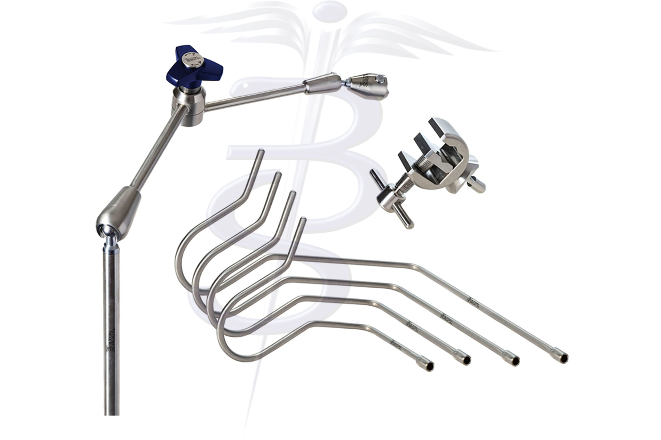 Nathanson Retractor Kit with Extended Articulated Arm – Top Mount Adjustable Post overall height 437mm with 360° Rotation with an overall length (reach) 431mm – Quick Fix Clamp Attachment and Set of 4 Nathanson Retractor Arms 5mmØ - Bolton Surgical