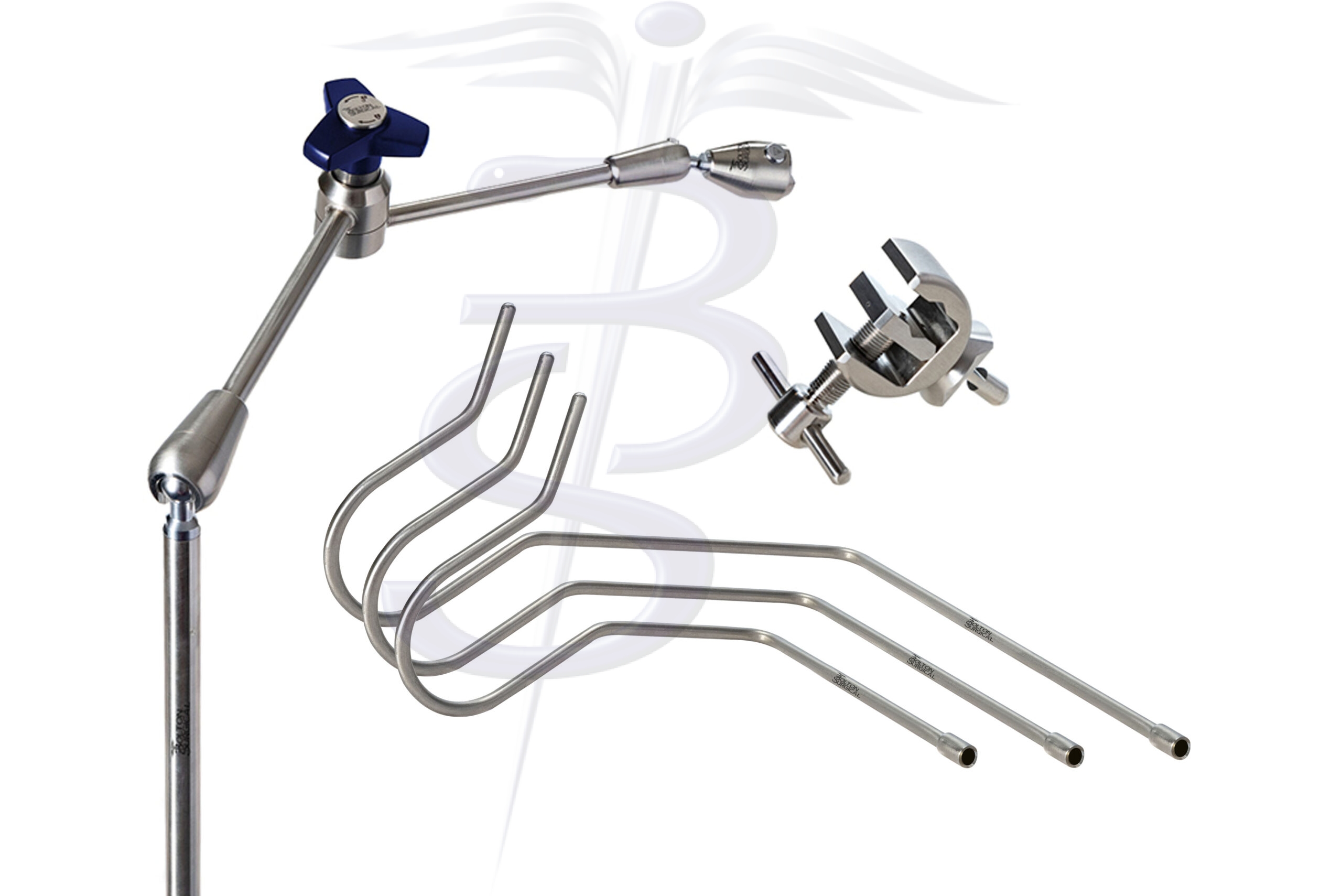 Nathanson Retractor Kit with Extended Articulated Arm – Top Mount Adjustable Post overall height 437mm with 360° Rotation with an overall length (reach) 431mm – Quick Fix Clamp Attachment and Set of 3 Nathanson Retractor Arms 6.5mmØ - Bolton Surgical