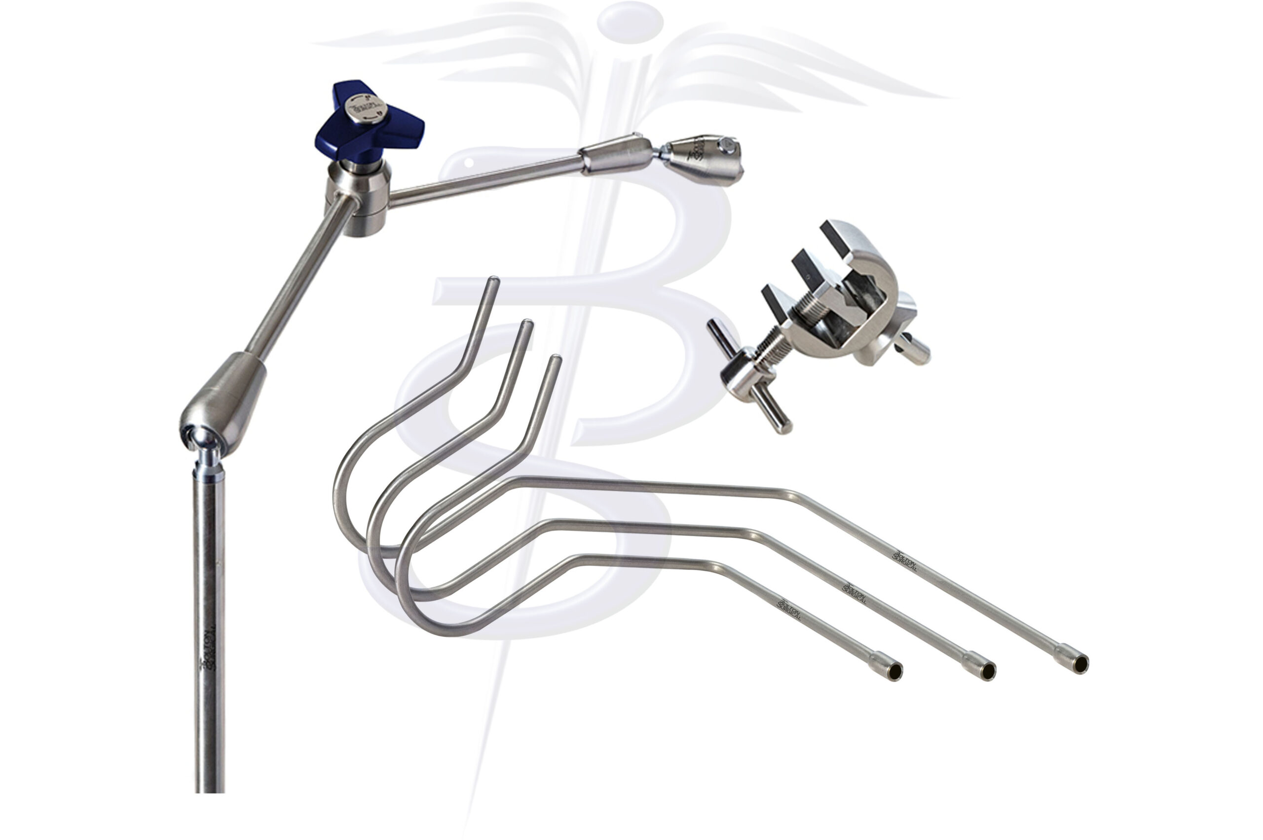Nathanson Retractor Kit with Extended Articulated Arm – Top Mount Adjustable Post overall height 437mm with 360° Rotation with an overall length (reach) 431mm – Quick Fix Clamp Attachment and Set of 3 Nathanson Retractor Arms 6.5mmØ - Bolton Surgical