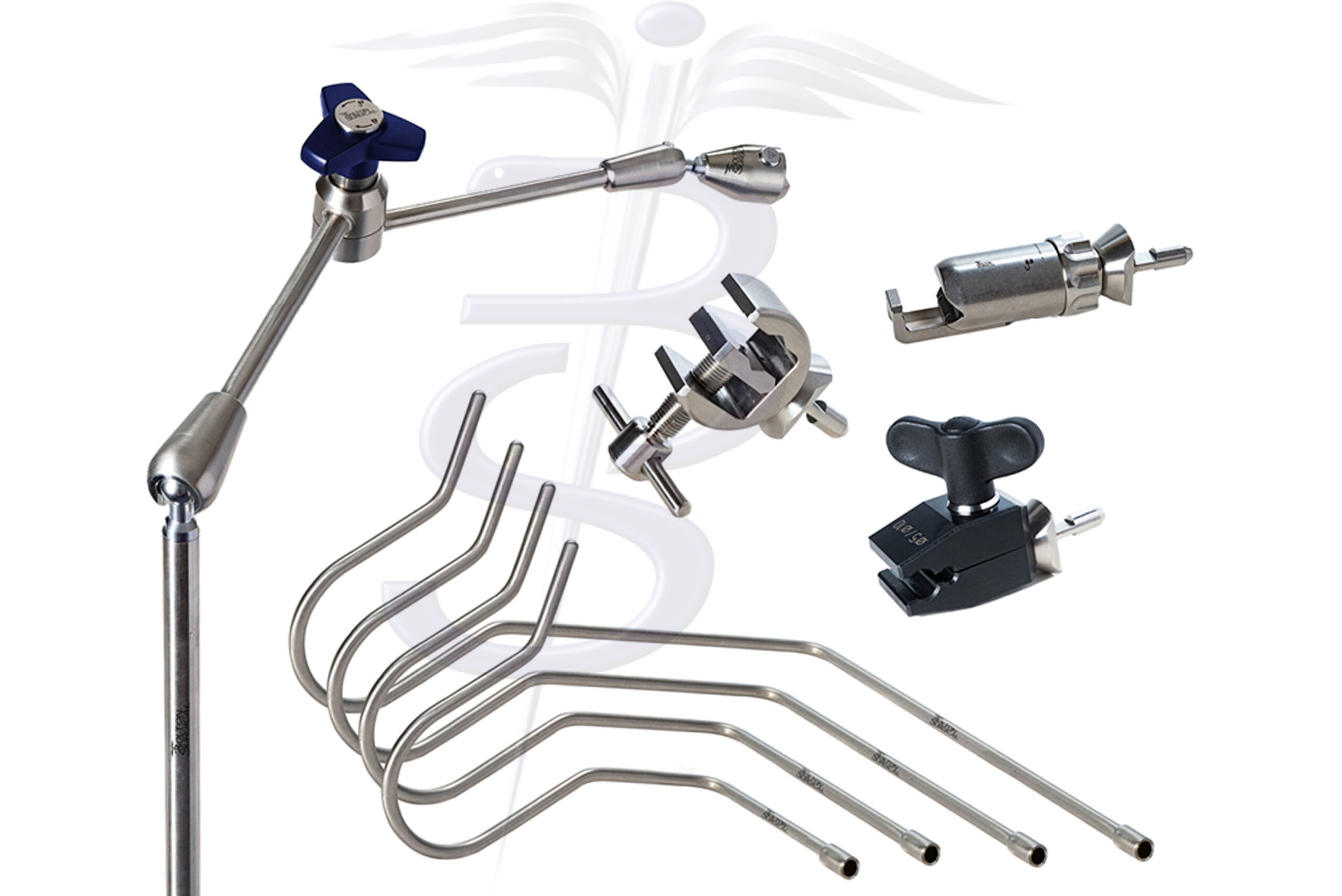 Full Holding and Positioning Kit with Extended Articulated Arm – Top Mount Adjustable Post overall height 437mm with 360° Rotation with an overall length (reach) 431mm – 3 Quick Fix Clamp Attachments and Set of 4 Nathanson Retractors 5mmØ - Bolton Surgical