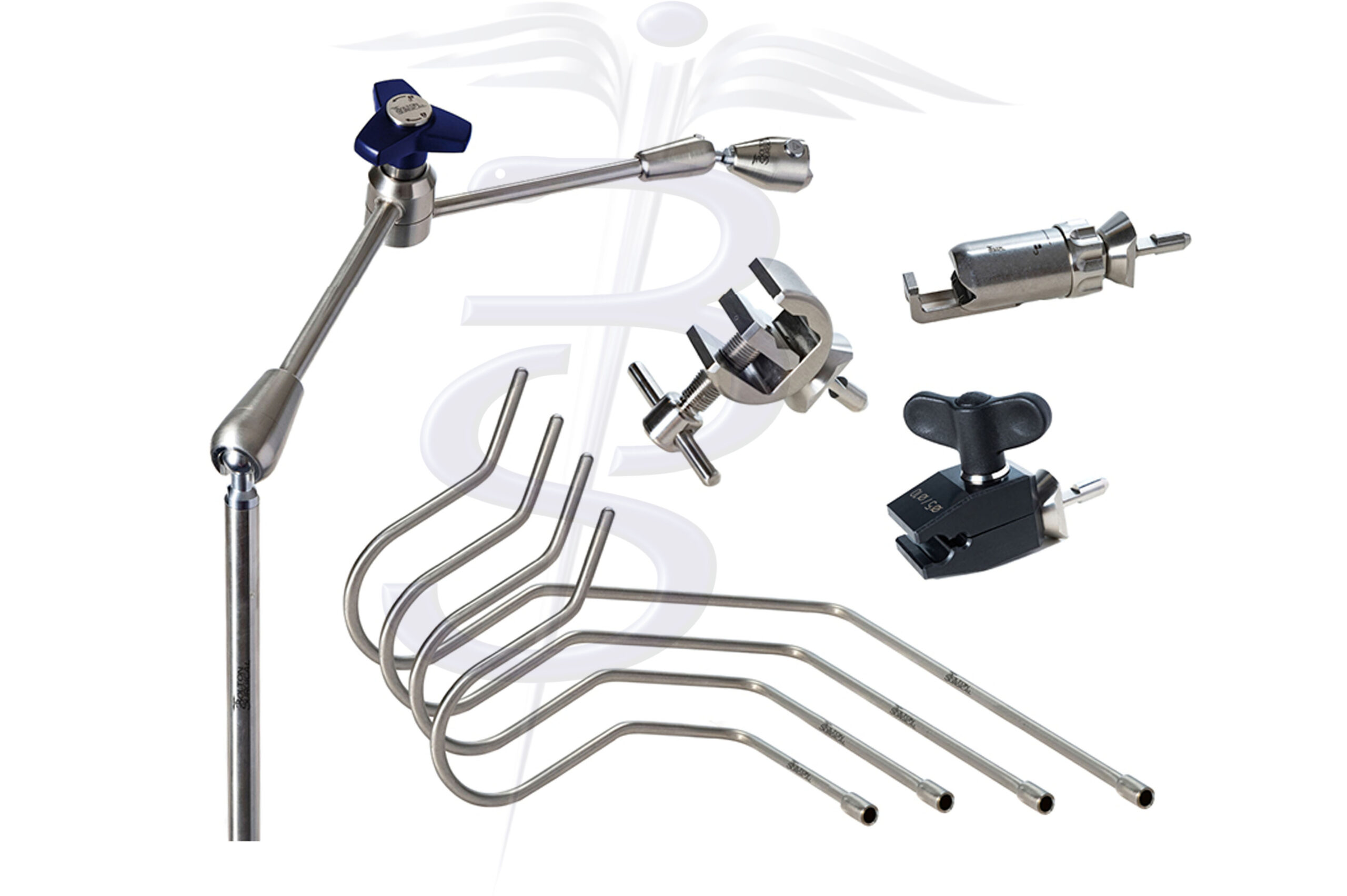 Full Holding and Positioning Kit with Extended Articulated Arm – Top Mount Adjustable Post overall height 437mm with 360° Rotation with an overall length (reach) 431mm – 3 Quick Fix Clamp Attachments and Set of 4 Nathanson Retractors 5mmØ - Bolton Surgical