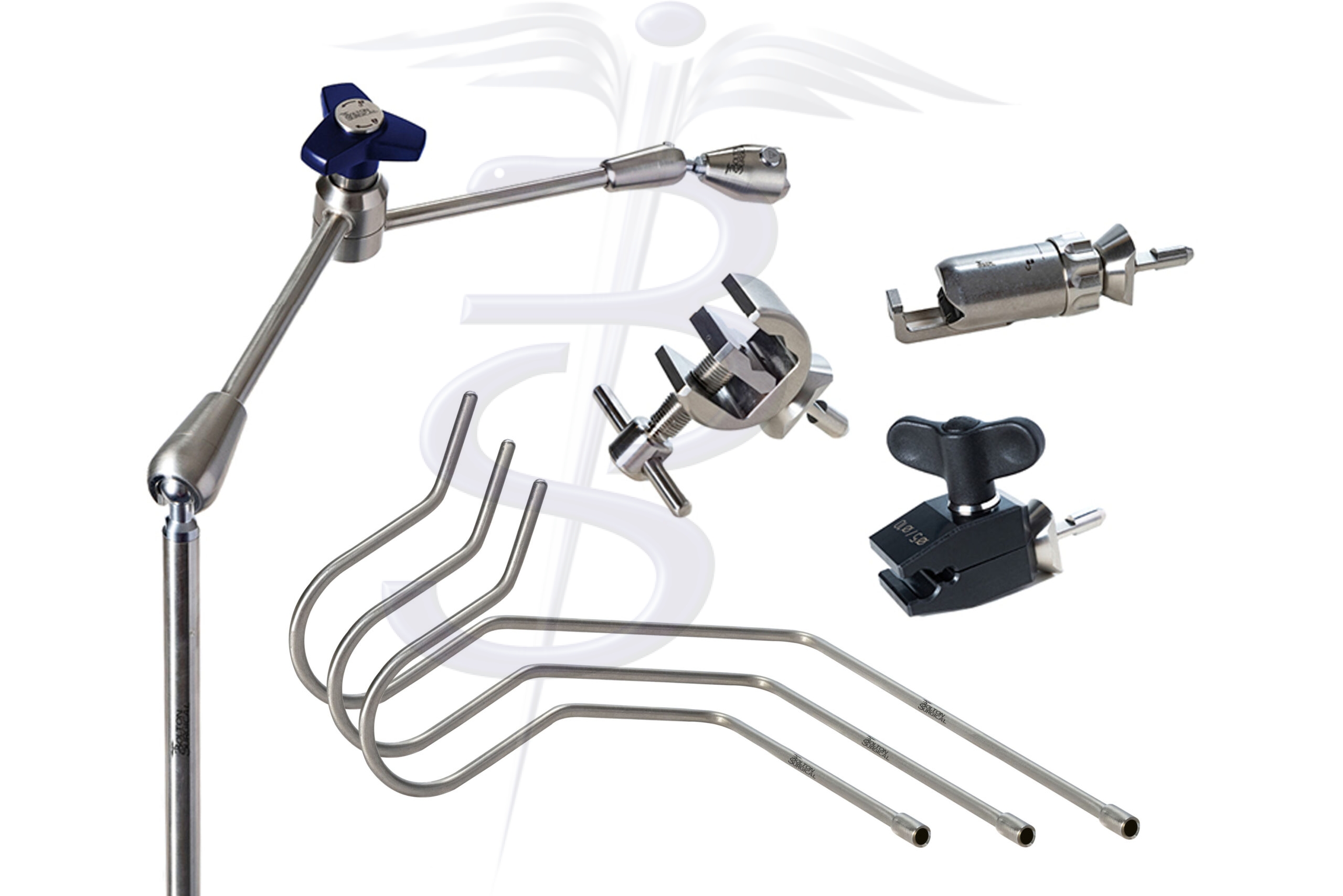 Full Holding and Positioning Kit with Extended Articulated Arm – Top Mount Adjustable Post overall height 437mm with 360° Rotation with an overall length (reach) 431mm – 3 Quick Fix Clamp Attachments and Set of 3 Nathanson Retractors 6.5mmØ - Bolton Surgical