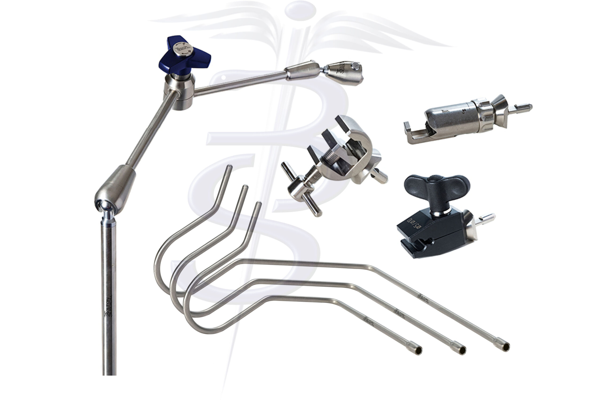 Full Holding and Positioning Kit with Extended Articulated Arm – Top Mount Adjustable Post overall height 437mm with 360° Rotation with an overall length (reach) 431mm – 3 Quick Fix Clamp Attachments and Set of 3 Nathanson Retractors 6.5mmØ - Bolton Surgical