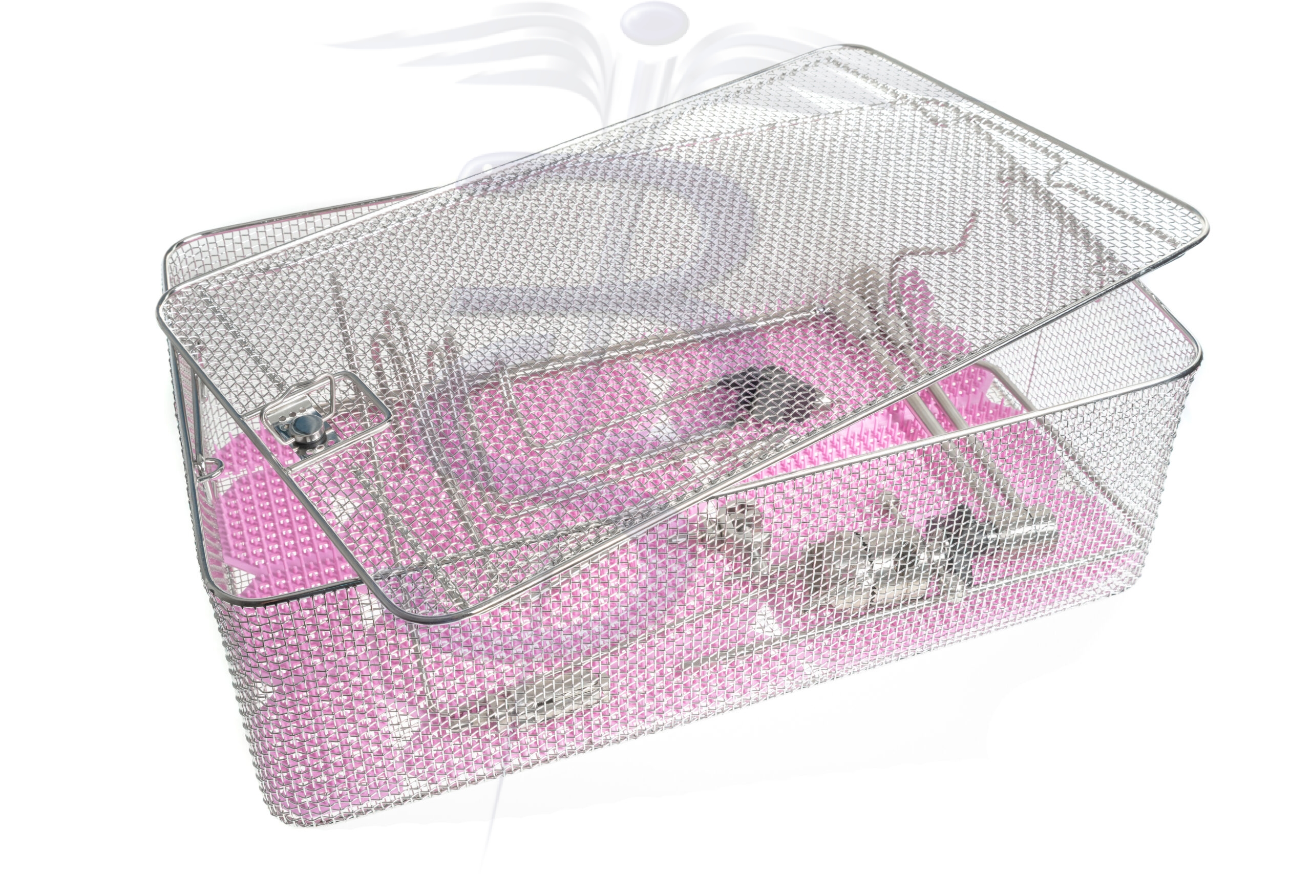 Wire Mesh Basket with Locking Lid, Drop Handles and Silicone Mat for use with Bolton Holding and Positioning Systems 580mm x 360mm x 180mm - Bolton Surgical