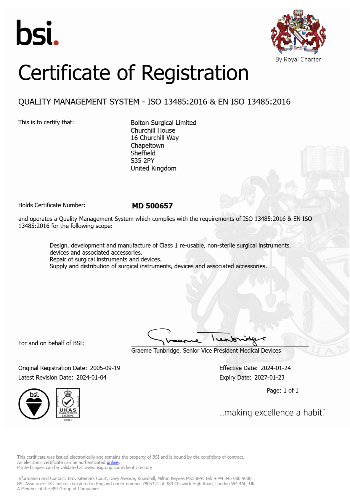 Certificate of Registration – Quality Management System ISO 13485:2016 - Bolton Surgical