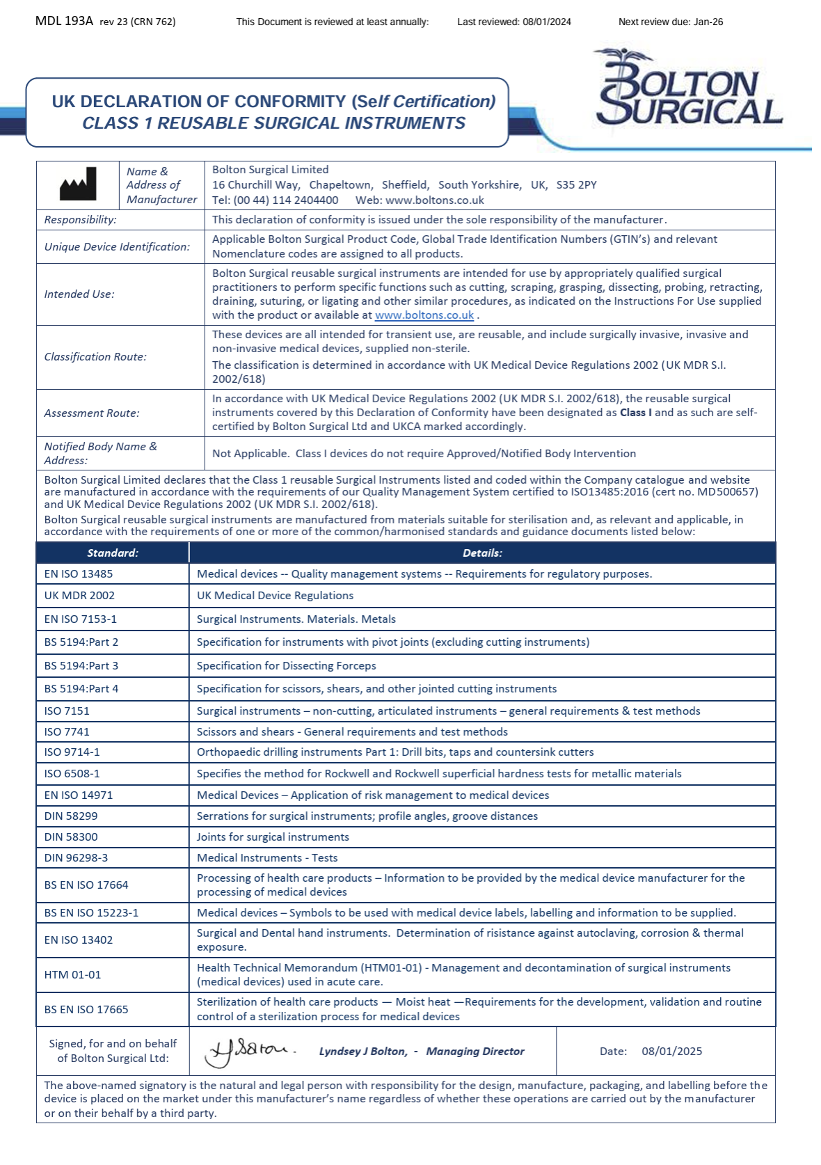 Declaration of Conformity (Class I) - Bolton Surgical