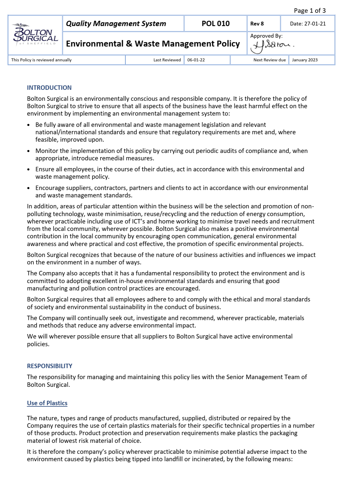 Environmental & Waste Management Policy - Bolton Surgical