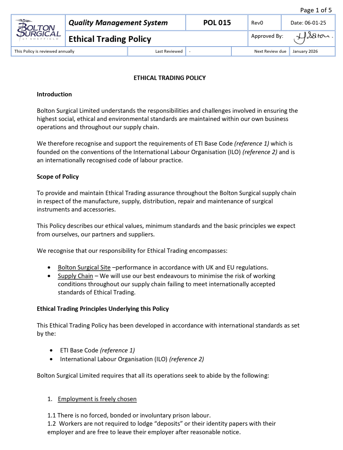 Ethical Trading Policy - Bolton Surgical