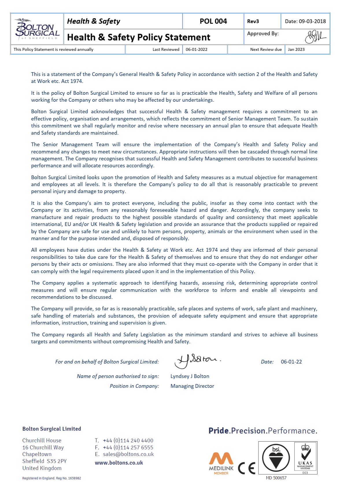 Health & Safety Policy Statement - Bolton Surgical