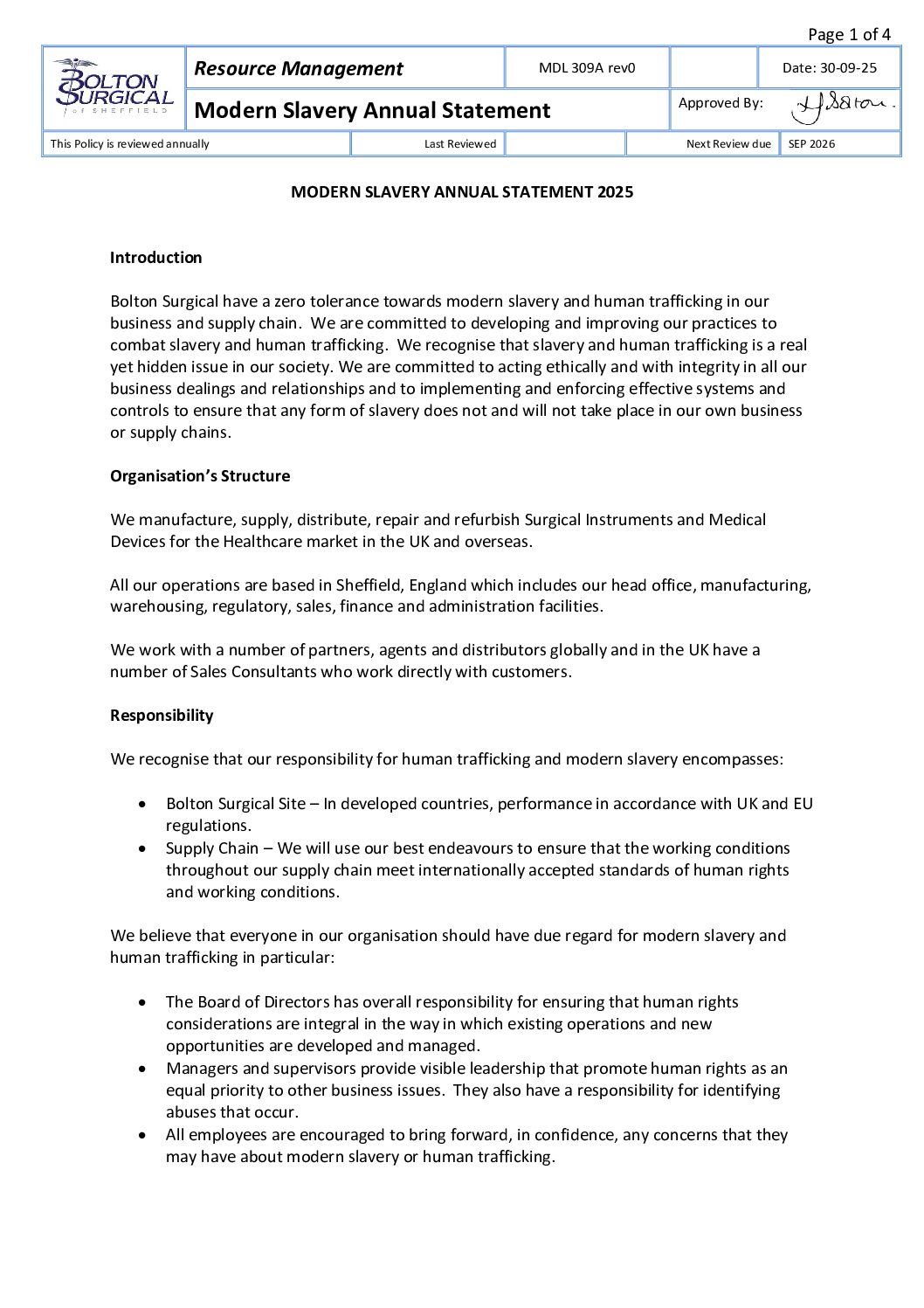 Modern Slavery Annual Statement - Bolton Surgical