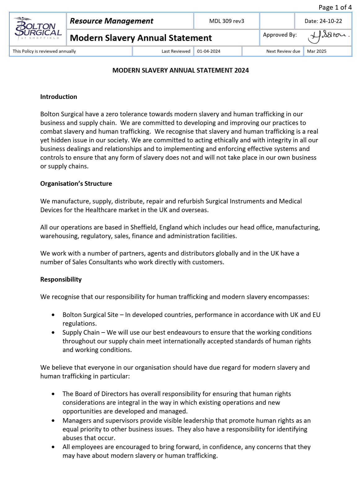 Modern Slavery Annual Statement - Bolton Surgical