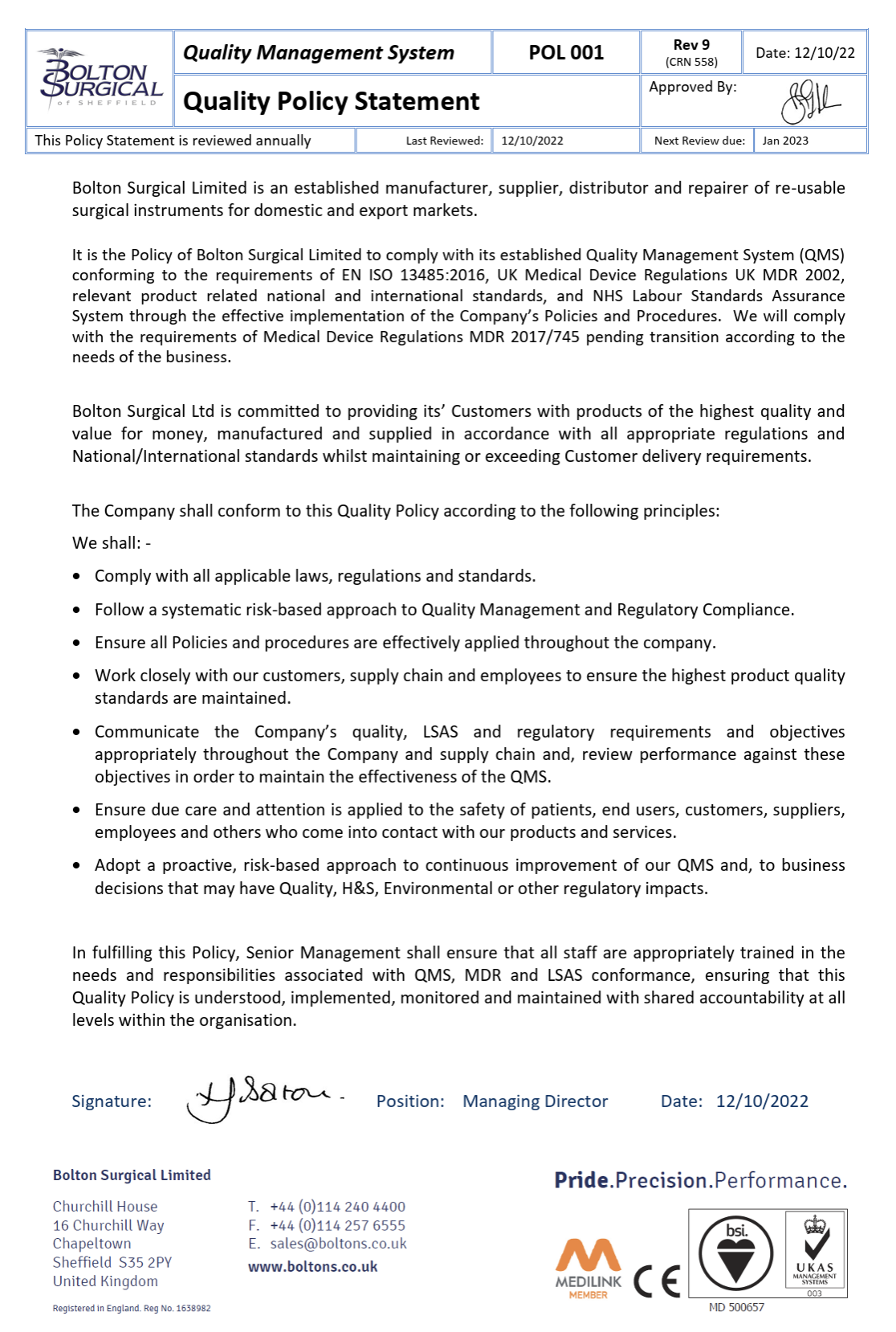 Quality Policy Statement - Bolton Surgical