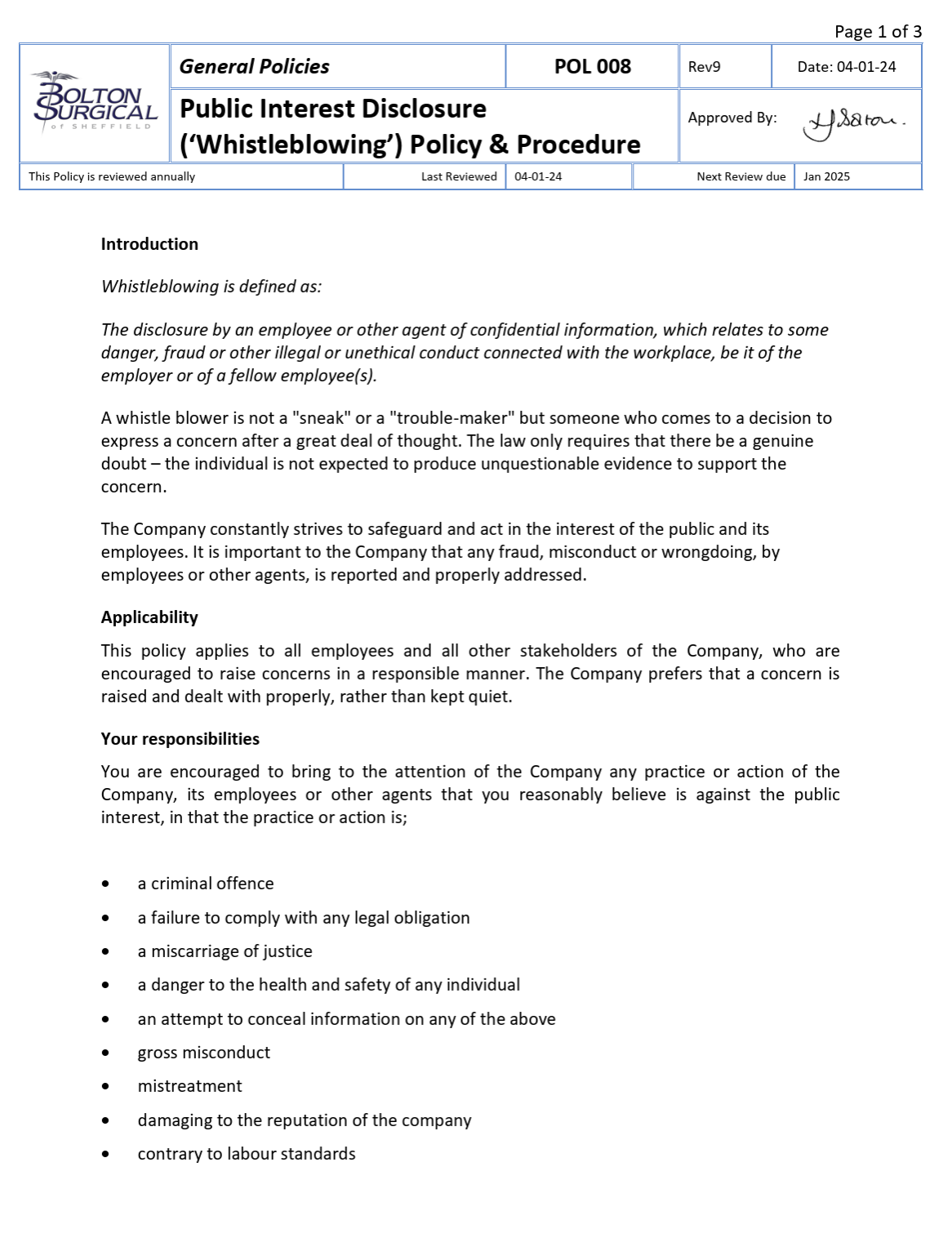 Whistleblowing Policy - Bolton Surgical