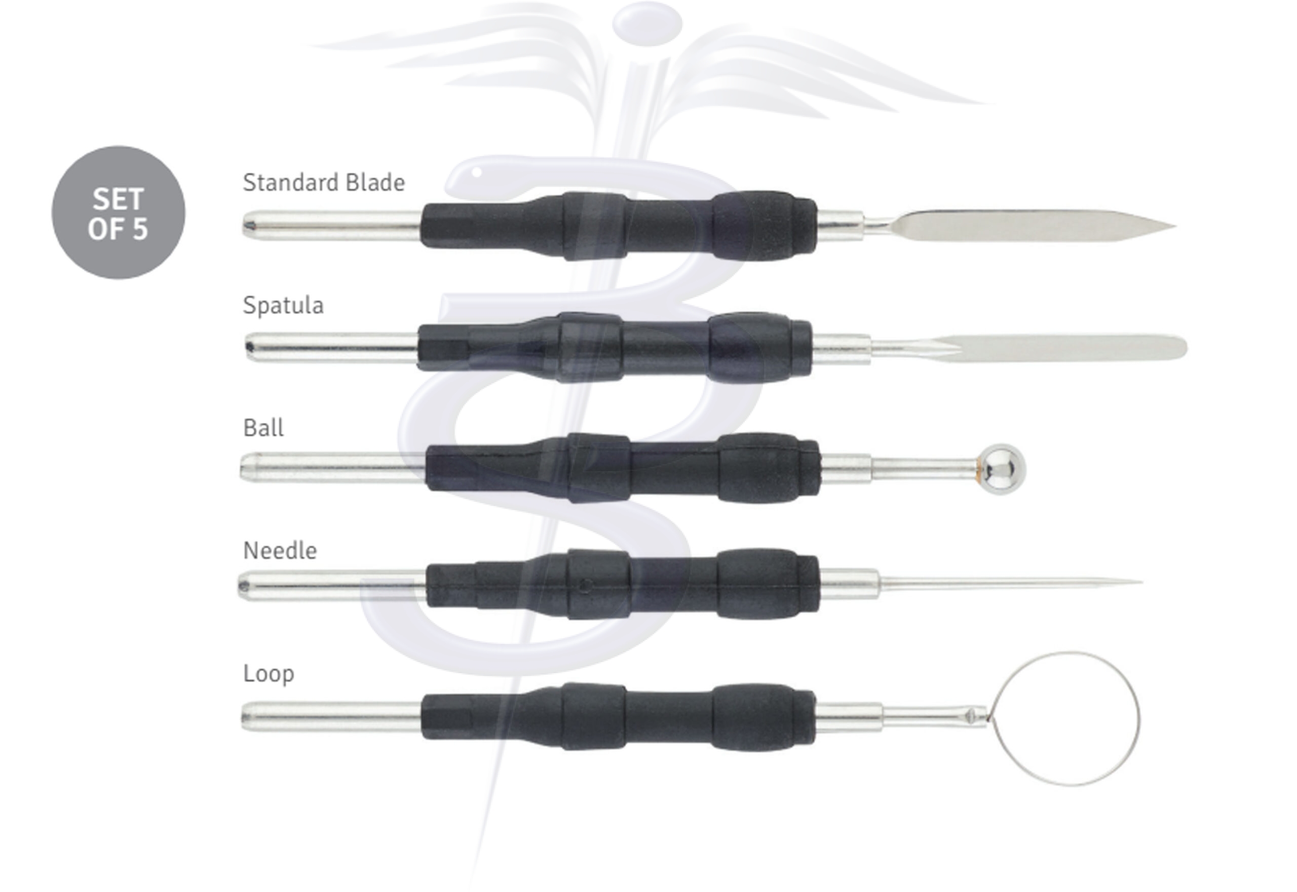 Electrode Set of 5 for All General Surgery Practices – Standard Blade – Ball – Loop – Needle – Spatula For use with Fingerswitch - Bolton Surgical