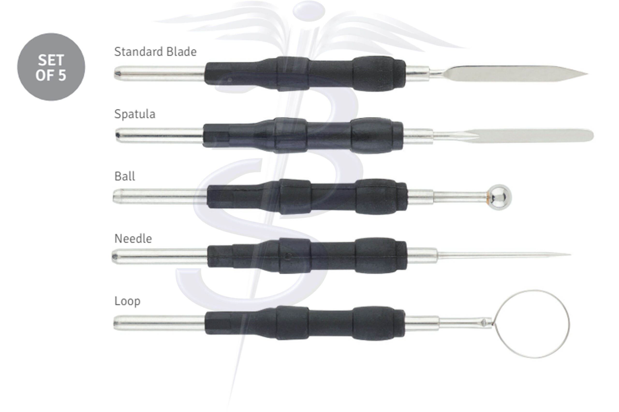 Electrode Set of 5 for All General Surgery Practices – Standard Blade – Ball – Loop – Needle – Spatula For use with Fingerswitch - Bolton Surgical