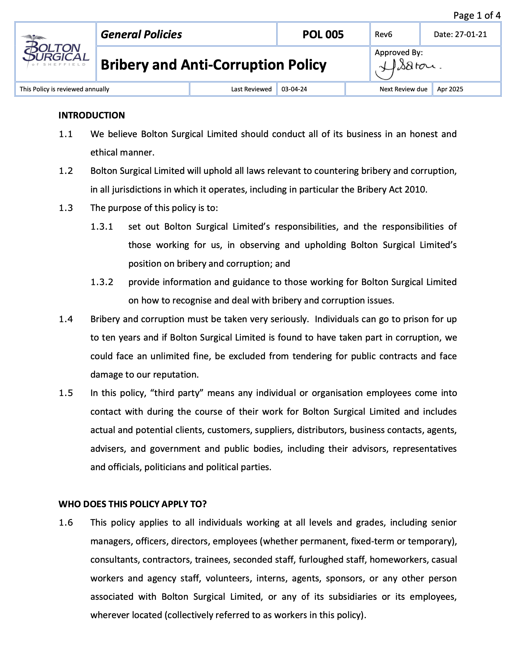 Anti-Bribery and Corruption Policy - Bolton Surgical