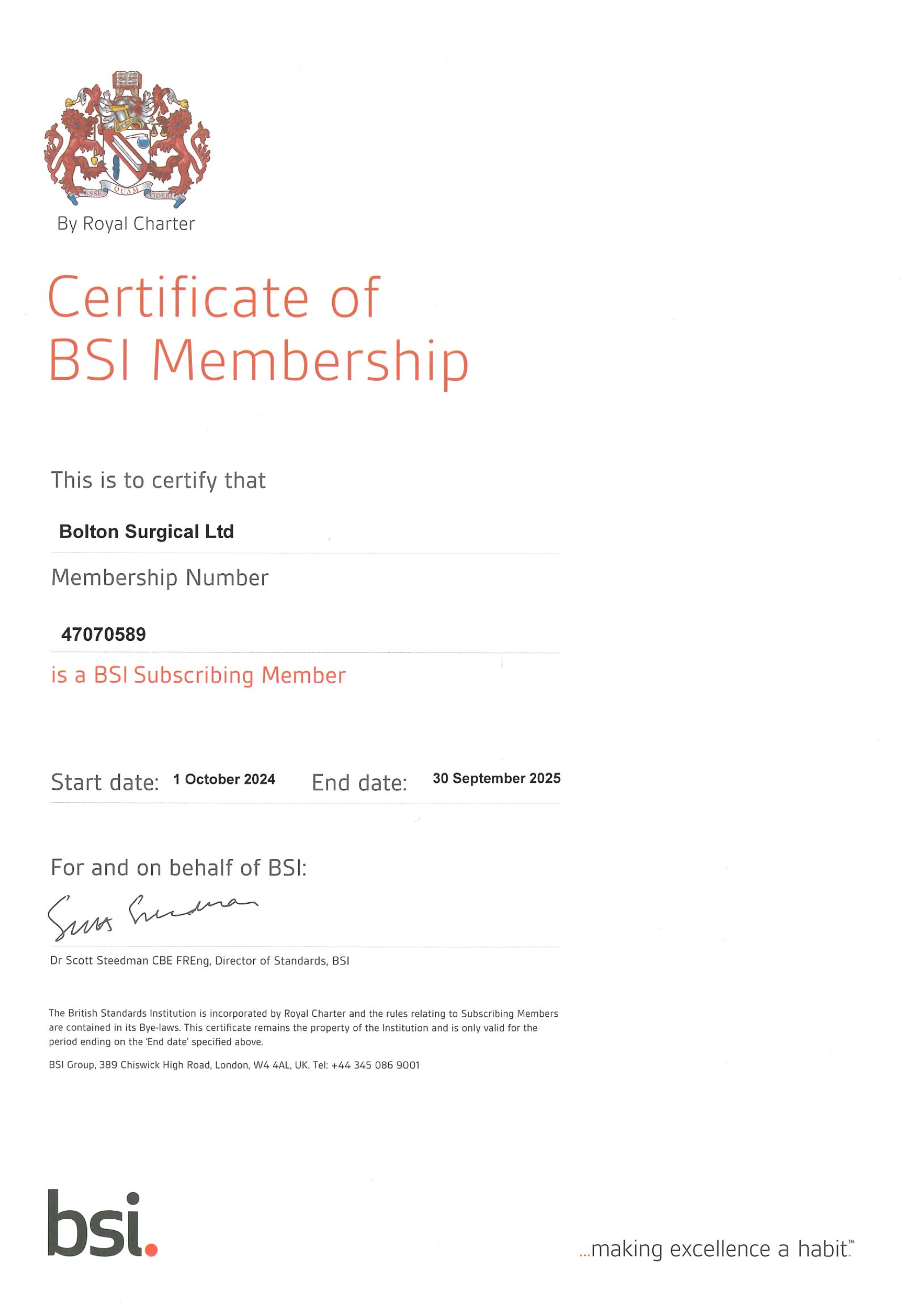 BSI Registration Certificate - Bolton Surgical