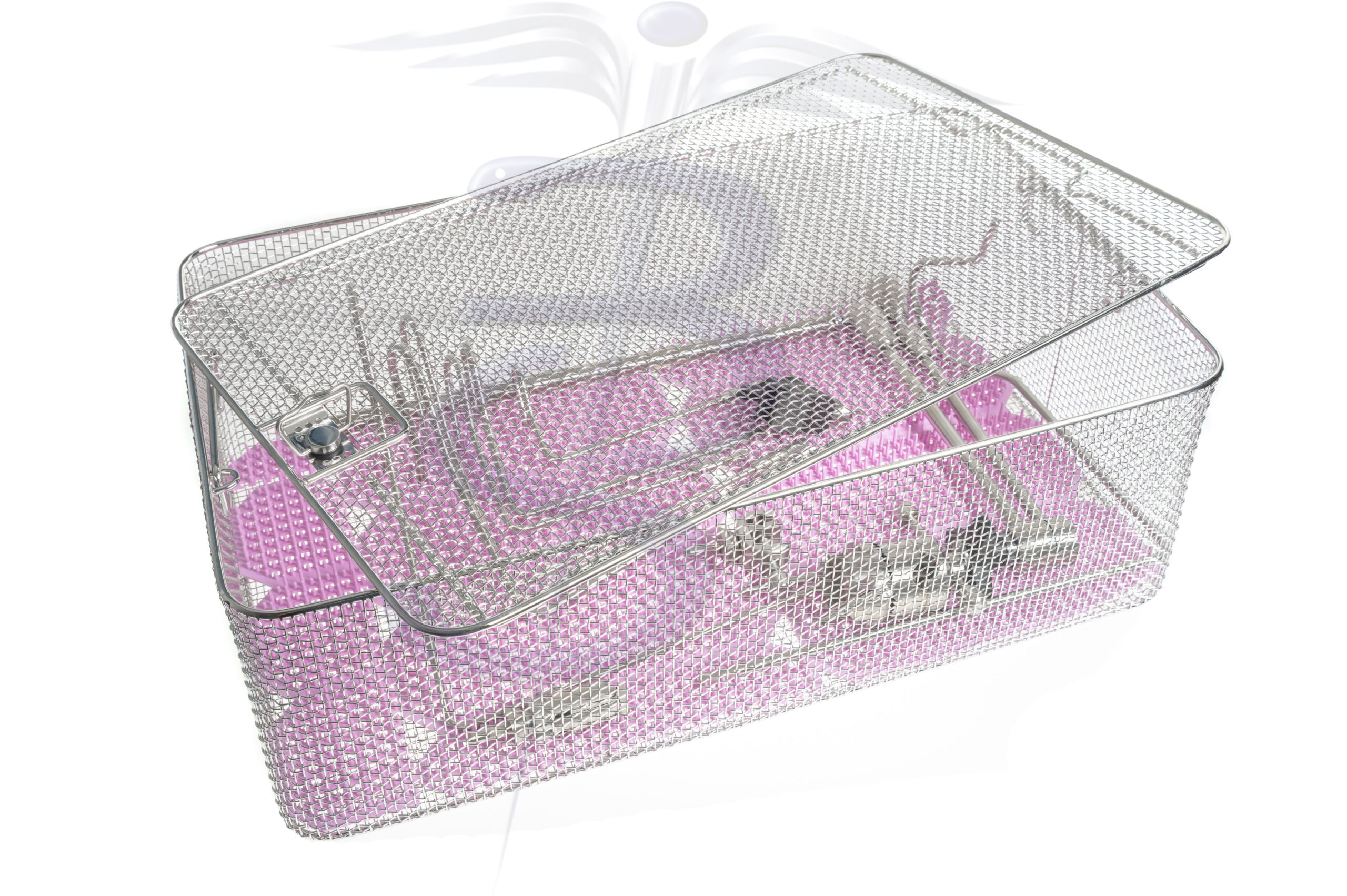 Wire Mesh Basket with Locking Lid, Drop Handles and Silicone Mat for use with Bolton Holding and Positioning Systems 580mm x 360mm x 180mm - Bolton Surgical